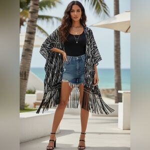 Jennifer Lopez L/XL Black Snake Print Fringe Beaded Kimono Open Coverup Duster
